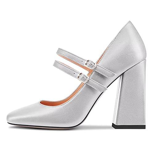 Saekcted Damen Chunky Blockabsatz Hoher High Absatz Heel Geschlossene Eckige Zehenkappe Pumps Mary Jane Schnalle Party Dress Cute Schuhe 10 cm Heels Silber 39 EU von Saekcted