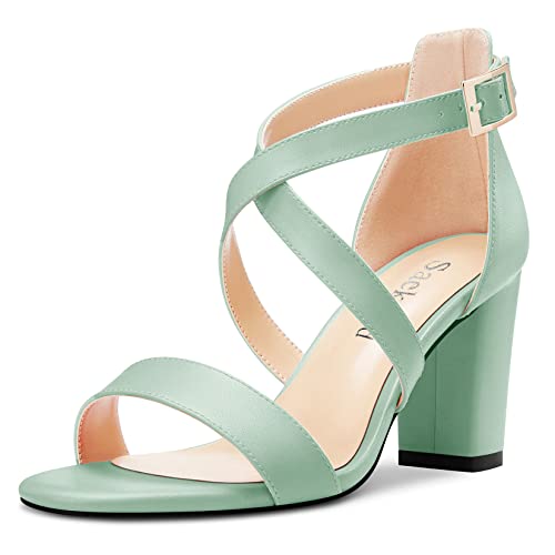 Saekcted Damen Chunky Blockabsatz Hoher High Absatz Heel Peep Open Zehenkappe Sandalen Kreuzriemen Lässig Klassisch 8 CM Heels Blassgrün 40 EU von Saekcted