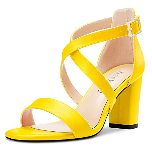 Saekcted Damen Chunky Blockabsatz Hoher High Absatz Heel Peep Open Zehenkappe Sandalen Kreuzriemen Lässig Klassisch 8 CM Heels Gelb 39 EU von Saekcted