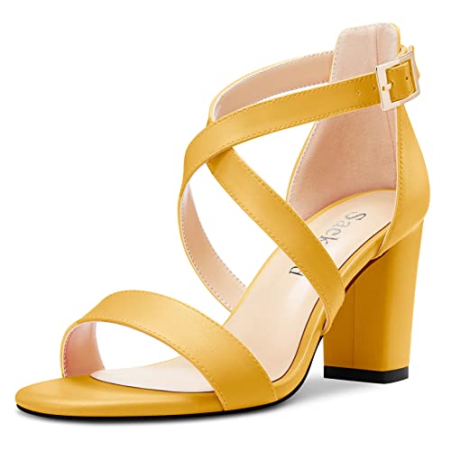 Saekcted Damen Chunky Blockabsatz Hoher High Absatz Heel Peep Open Zehenkappe Sandalen Kreuzriemen Lässig Klassisch 8 CM Heels Gelb A 40 EU von Saekcted