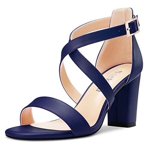 Saekcted Damen Chunky Blockabsatz Hoher High Absatz Heel Peep Open Zehenkappe Sandalen Kreuzriemen Lässig Klassisch 8 CM Heels Marineblau 38 EU von Saekcted