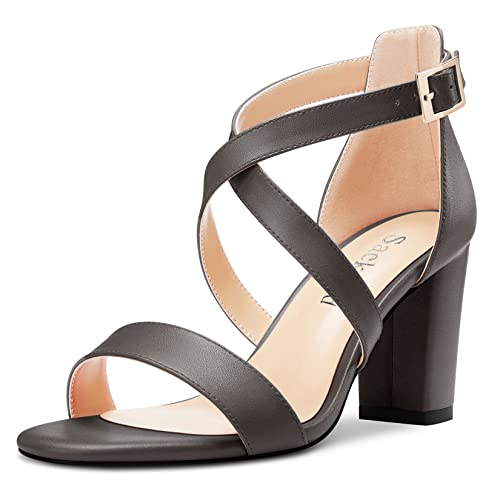 Saekcted Damen Chunky Blockabsatz Hoher High Absatz Heel Peep Open Zehenkappe Sandalen Kreuzriemen Lässig Klassisch 8 CM Heels Metallisch 42 EU von Saekcted