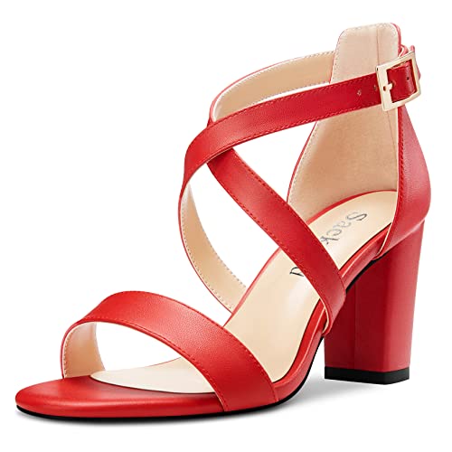 Saekcted Damen Chunky Blockabsatz Hoher High Absatz Heel Peep Open Zehenkappe Sandalen Kreuzriemen Lässig Klassisch 8 CM Heels Rot 42 EU von Saekcted