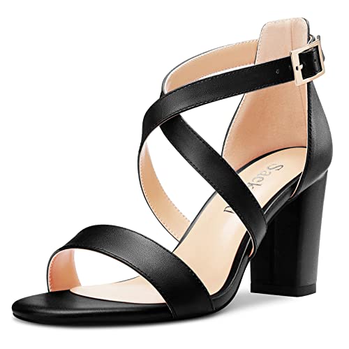 Saekcted Damen Chunky Blockabsatz Hoher High Absatz Heel Peep Open Zehenkappe Sandalen Kreuzriemen Lässig Klassisch 8 CM Heels Schwarz 40 EU von Saekcted