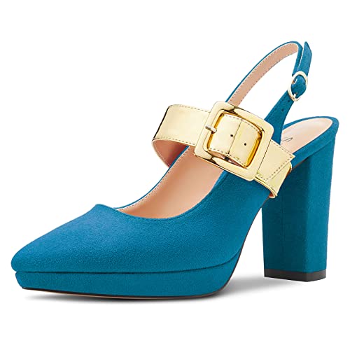 Saekcted Damen Chunky Blockabsatz Hoher High Plateau Plattform Absatz Heel Spitze Zehenkappe Sandalen Knöchelriemen Mary Jane Pumps Party Schuhe Blau 44 EU von Saekcted