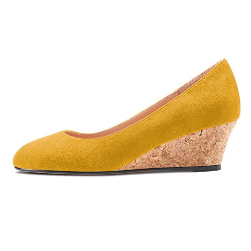 Saekcted Damen Chunky Blockabsatz Keilabsatz Absatz Heel Geschlossene Eckige Zehenkappe Slip-on Pumps Klassisch Cute Dress Party 5 cm Heels Schuhe Gelb Wildleder 40 EU von Saekcted