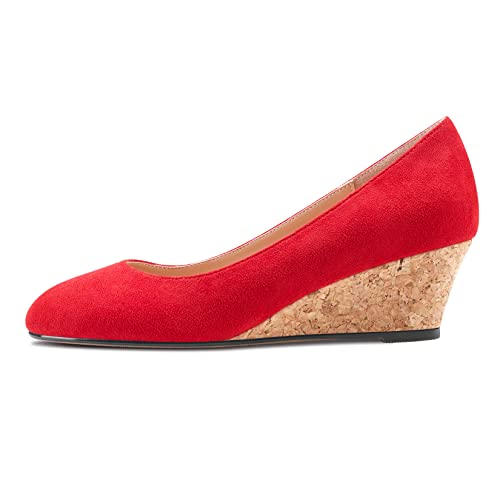 Saekcted Damen Chunky Blockabsatz Keilabsatz Absatz Heel Geschlossene Eckige Zehenkappe Slip-on Pumps Klassisch Cute Dress Party 5 cm Heels Schuhe Rot Wildleder 36 EU von Saekcted