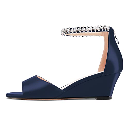 Saekcted Damen Chunky Blockabsatz Keilabsatz Mittlerem Absatz Heel Peep Open Zehenkappe Sandalen Knöchelriemen Diamant Kristall Hochzeit Party Dress 5 CM Heels Navy Blau 38 EU von Saekcted