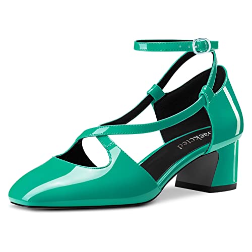 Saekcted Damen Chunky Blockabsatz Mittlerem Absatz Heel Eckige Zehenkappe Pumps Knöchelriemen Kreuzriemen Schnalle Büroschuhe Cute Schuhe Grün 39 EU von Saekcted