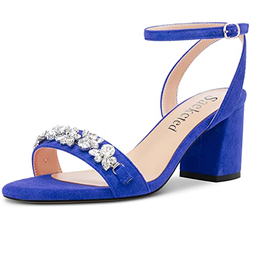 Saekcted Damen Chunky Blockabsatz Mittlerem Absatz Heel Peep Open Zehenkappe Sandalen Knöchelriemen Diamant Kristall Lässig Dress Schuhe Königsblau 42 EU von Saekcted