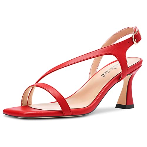 Saekcted Damen Chunky Blockabsatz Mittlerem Absatz Heel Peep Open Zehenkappe Sandalen Knöchelriemen Schnalle Lässig Dress 6.5 CM Heels Rot 41 EU von Saekcted