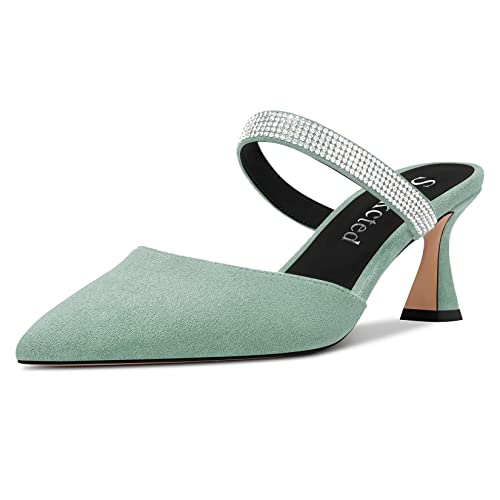 Saekcted Damen Chunky Blockabsatz Mittlerem Absatz Heel Spitze Zehenkappe Pumps Slip-on Diamant Kristall Lässig Cute Pantoletten Schuhe Hellgrün 39 EU von Saekcted