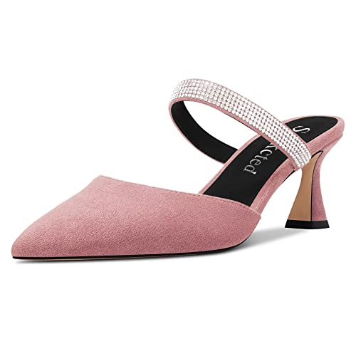 Saekcted Damen Chunky Blockabsatz Mittlerem Absatz Heel Spitze Zehenkappe Pumps Slip-on Diamant Kristall Lässig Cute Pantoletten Schuhe Rosa 44 EU von Saekcted