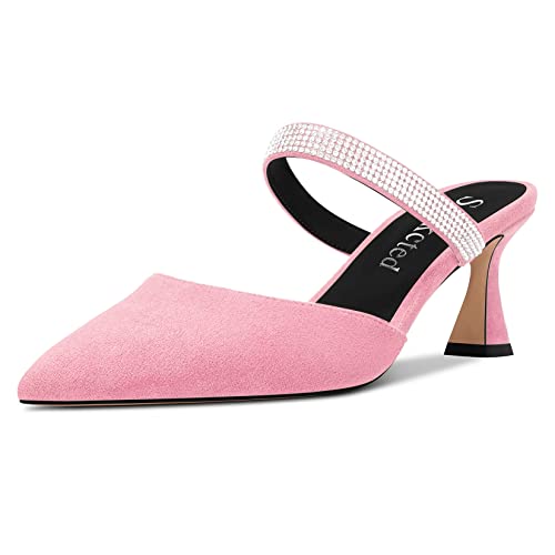 Saekcted Damen Chunky Blockabsatz Mittlerem Absatz Heel Spitze Zehenkappe Pumps Slip-on Diamant Kristall Lässig Cute Pantoletten Schuhe Rosa A 37 EU von Saekcted