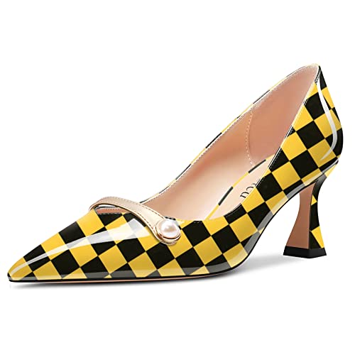 Saekcted Damen Chunky Blockabsatz Mittlerem Absatz Heel Spitze Zehenkappe Pumps Slip-on Perlen Abschlussball Dress 6.5 cm Heels Gelb kariert 40 EU von Saekcted
