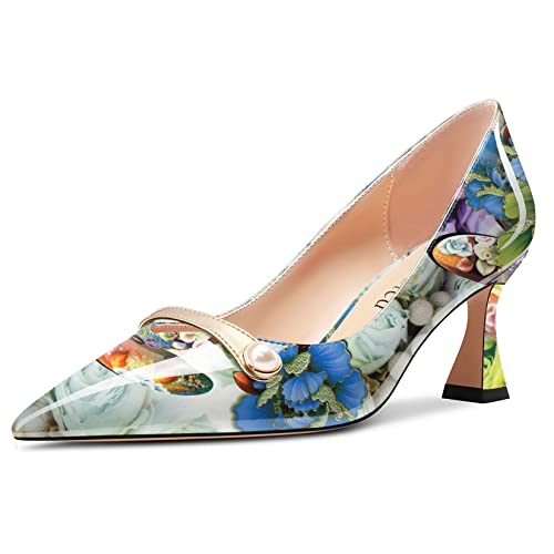 Saekcted Damen Chunky Blockabsatz Mittlerem Absatz Heel Spitze Zehenkappe Pumps Slip-on Perlen Abschlussball Dress 6.5 cm Heels Grüne Blume 40 EU von Saekcted