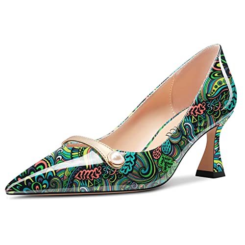 Saekcted Damen Chunky Blockabsatz Mittlerem Absatz Heel Spitze Zehenkappe Pumps Slip-on Perlen Abschlussball Dress 6.5 cm Heels Grüner Pfau 38 EU von Saekcted