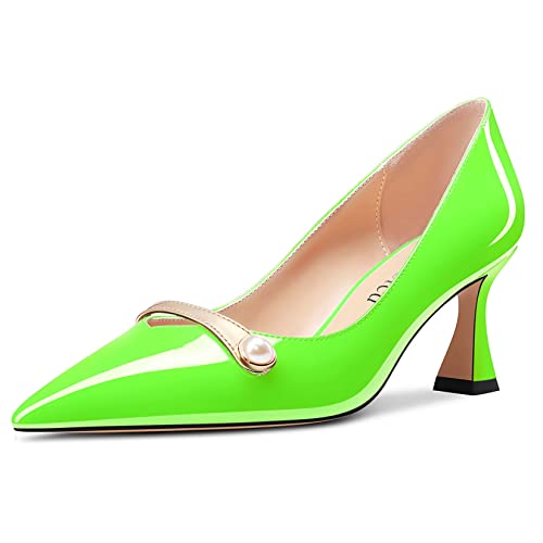 Saekcted Damen Chunky Blockabsatz Mittlerem Absatz Heel Spitze Zehenkappe Pumps Slip-on Perlen Abschlussball Dress 6.5 cm Heels Helles Grün 39 EU von Saekcted