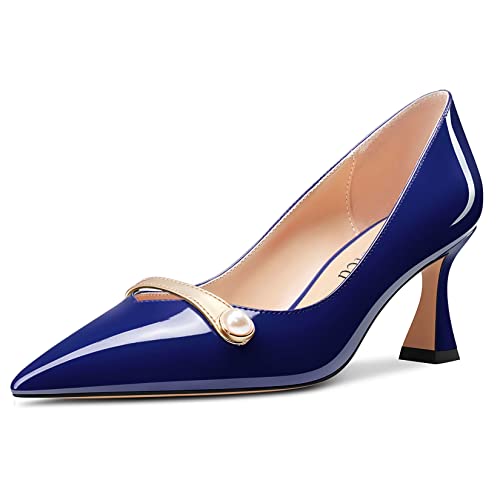 Saekcted Damen Chunky Blockabsatz Mittlerem Absatz Heel Spitze Zehenkappe Pumps Slip-on Perlen Abschlussball Dress 6.5 cm Heels Marineblau 39 EU von Saekcted