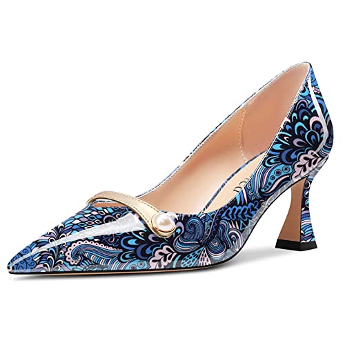 Saekcted Damen Chunky Blockabsatz Mittlerem Absatz Heel Spitze Zehenkappe Pumps Slip-on Perlen Abschlussball Dress 6.5 cm Heels Pfauenblau 38 EU von Saekcted