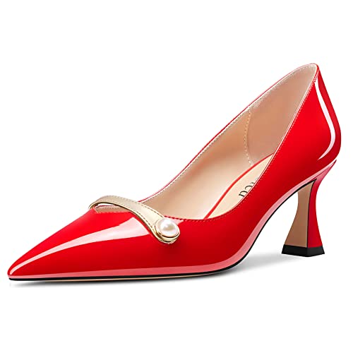 Saekcted Damen Chunky Blockabsatz Mittlerem Absatz Heel Spitze Zehenkappe Pumps Slip-on Perlen Abschlussball Dress 6.5 cm Heels Rot 39 EU von Saekcted