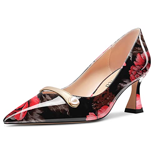 Saekcted Damen Chunky Blockabsatz Mittlerem Absatz Heel Spitze Zehenkappe Pumps Slip-on Perlen Abschlussball Dress 6.5 cm Heels Rote Blume 40 EU von Saekcted