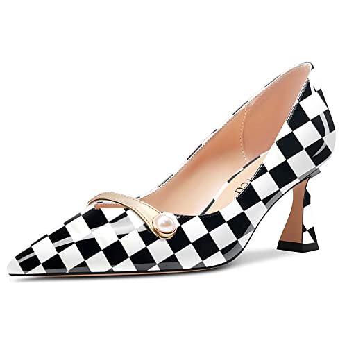 Saekcted Damen Chunky Blockabsatz Mittlerem Absatz Heel Spitze Zehenkappe Pumps Slip-on Perlen Abschlussball Dress 6.5 cm Heels Schwarz-weiß Kariert 41 EU von Saekcted