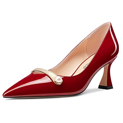 Saekcted Damen Chunky Blockabsatz Mittlerem Absatz Heel Spitze Zehenkappe Pumps Slip-on Perlen Abschlussball Dress 6.5 cm Heels Weinrot 40 EU von Saekcted