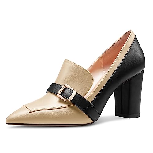 Saekcted Damen Chunky Blockabsatz Mittlerem Absatz Heel Spitze Zehenkappe Pumps Slip-on Schnalle Büroschuhe Klassisch Sommer 8 cm Heels Beige Mehrfarbig 44 EU von Saekcted
