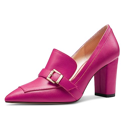 Saekcted Damen Chunky Blockabsatz Mittlerem Absatz Heel Spitze Zehenkappe Pumps Slip-on Schnalle Büroschuhe Klassisch Sommer 8 cm Heels Fuchsia 38 EU von Saekcted