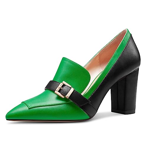 Saekcted Damen Chunky Blockabsatz Mittlerem Absatz Heel Spitze Zehenkappe Pumps Slip-on Schnalle Büroschuhe Klassisch Sommer 8 cm Heels Grasgrün Mehrfarbig 38 EU von Saekcted