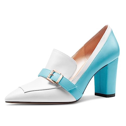 Saekcted Damen Chunky Blockabsatz Mittlerem Absatz Heel Spitze Zehenkappe Pumps Slip-on Schnalle Büroschuhe Klassisch Sommer 8 cm Heels Hellblau Mehrfarbig 39 EU von Saekcted