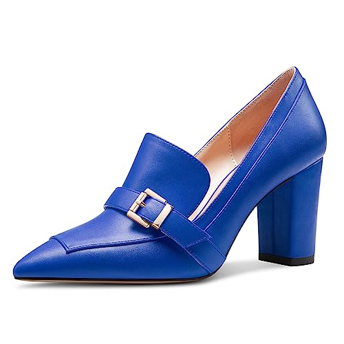 Saekcted Damen Chunky Blockabsatz Mittlerem Absatz Heel Spitze Zehenkappe Pumps Slip-on Schnalle Büroschuhe Klassisch Sommer 8 cm Heels Königsblau 38 EU von Saekcted