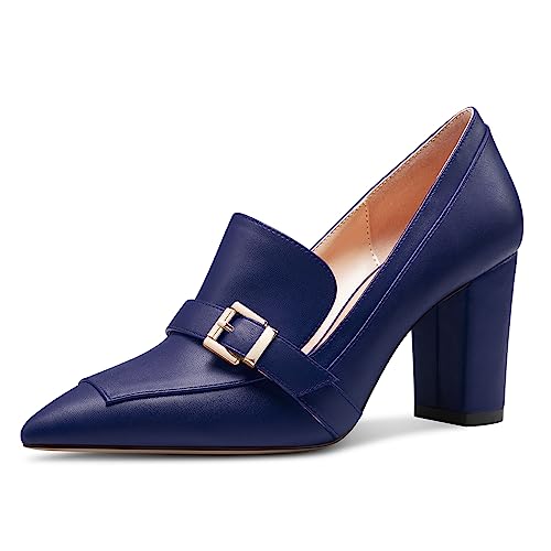 Saekcted Damen Chunky Blockabsatz Mittlerem Absatz Heel Spitze Zehenkappe Pumps Slip-on Schnalle Büroschuhe Klassisch Sommer 8 cm Heels Marineblau 38 EU von Saekcted