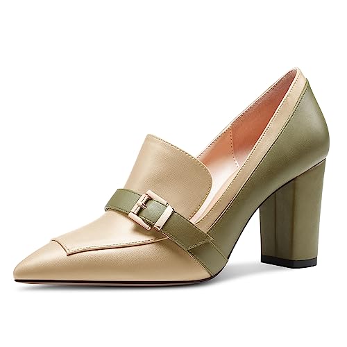 Saekcted Damen Chunky Blockabsatz Mittlerem Absatz Heel Spitze Zehenkappe Pumps Slip-on Schnalle Büroschuhe Klassisch Sommer 8 cm Heels Olivgrün Mehrfarbig 39 EU von Saekcted