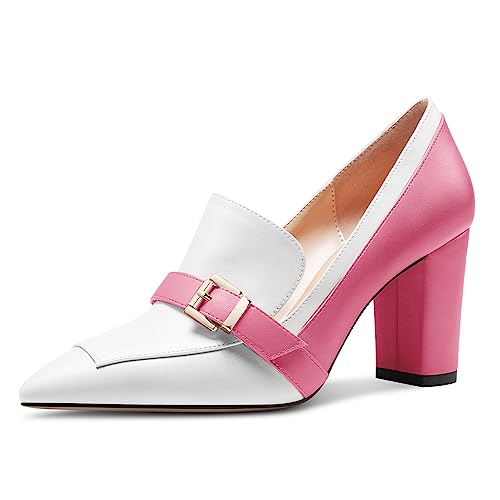 Saekcted Damen Chunky Blockabsatz Mittlerem Absatz Heel Spitze Zehenkappe Pumps Slip-on Schnalle Büroschuhe Klassisch Sommer 8 cm Heels Rosa Mehrfarbig 38 EU von Saekcted