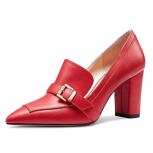 Saekcted Damen Chunky Blockabsatz Mittlerem Absatz Heel Spitze Zehenkappe Pumps Slip-on Schnalle Büroschuhe Klassisch Sommer 8 cm Heels Rot 38 EU von Saekcted