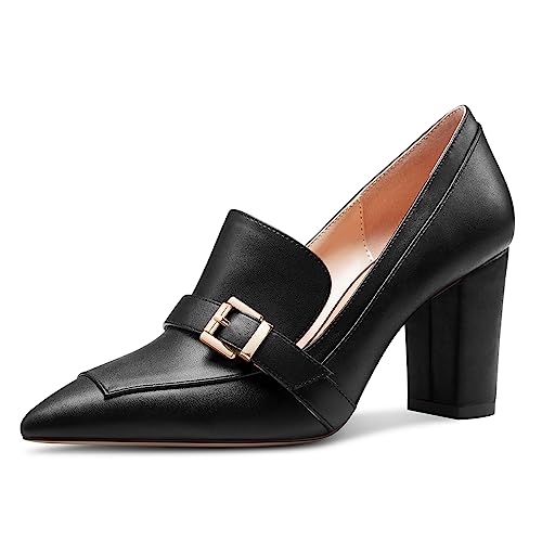 Saekcted Damen Chunky Blockabsatz Mittlerem Absatz Heel Spitze Zehenkappe Pumps Slip-on Schnalle Büroschuhe Klassisch Sommer 8 cm Heels Schwarz 36 EU von Saekcted