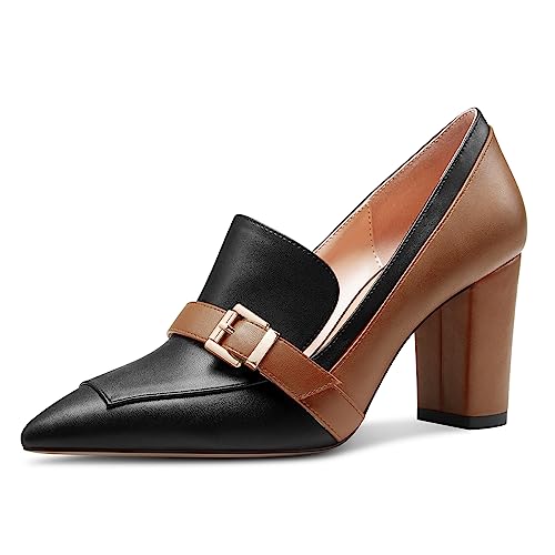 Saekcted Damen Chunky Blockabsatz Mittlerem Absatz Heel Spitze Zehenkappe Pumps Slip-on Schnalle Büroschuhe Klassisch Sommer 8 cm Heels Schwarz Mehrfarbig 39 EU von Saekcted