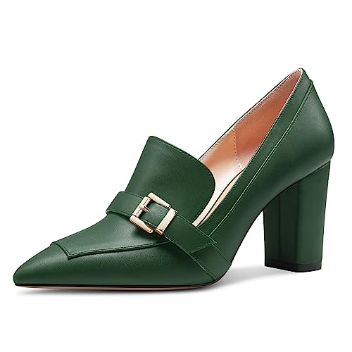 Saekcted Damen Chunky Blockabsatz Mittlerem Absatz Heel Spitze Zehenkappe Pumps Slip-on Schnalle Büroschuhe Klassisch Sommer 8 cm Heels Tiefgrün 37 EU von Saekcted