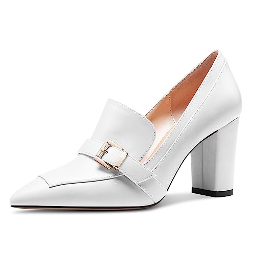 Saekcted Damen Chunky Blockabsatz Mittlerem Absatz Heel Spitze Zehenkappe Pumps Slip-on Schnalle Büroschuhe Klassisch Sommer 8 cm Heels Weiß 40 EU von Saekcted