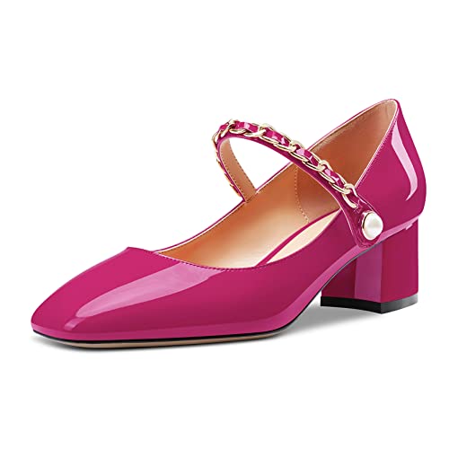 Saekcted Damen Chunky Blockabsatz Niedrige Absatz Heel Eckige Zehenkappe Mary Jane Pumps Slip-on Klassisch Dress Hochzeit 5 cm Heels Schuhe Magenta Rot 39 EU von Saekcted