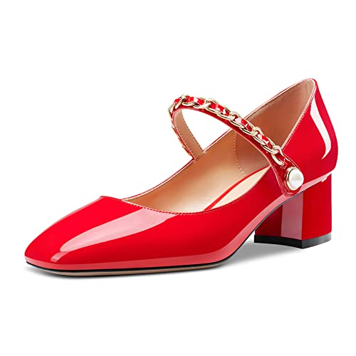 Saekcted Damen Chunky Blockabsatz Niedrige Absatz Heel Eckige Zehenkappe Mary Jane Pumps Slip-on Klassisch Dress Hochzeit 5 cm Heels Schuhe Rot 43 EU von Saekcted