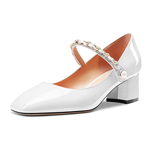 Saekcted Damen Chunky Blockabsatz Niedrige Absatz Heel Eckige Zehenkappe Mary Jane Pumps Slip-on Klassisch Dress Hochzeit 5 cm Heels Schuhe Weiß 35 EU von Saekcted