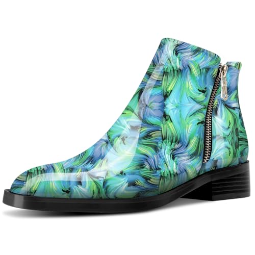 Saekcted Damen Chunky Blockabsatz Niedrige Absatz Heel Eckige Zehenkappe Stiefeletten Slip-on Reißverschluss Büroschuhe Klassisch Stiefel Grüner Wirbel 39 EU von Saekcted