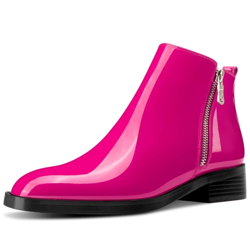 Saekcted Damen Chunky Blockabsatz Niedrige Absatz Heel Eckige Zehenkappe Stiefeletten Slip-on Reißverschluss Büroschuhe Klassisch Stiefel Magenta 40 EU von Saekcted