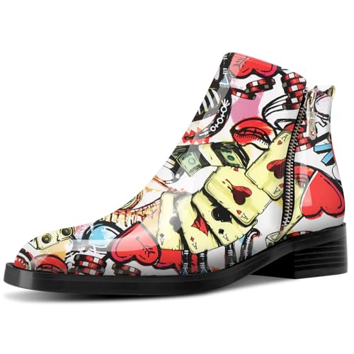 Saekcted Damen Chunky Blockabsatz Niedrige Absatz Heel Eckige Zehenkappe Stiefeletten Slip-on Reißverschluss Büroschuhe Klassisch Stiefel Poker-Muster 38 EU von Saekcted