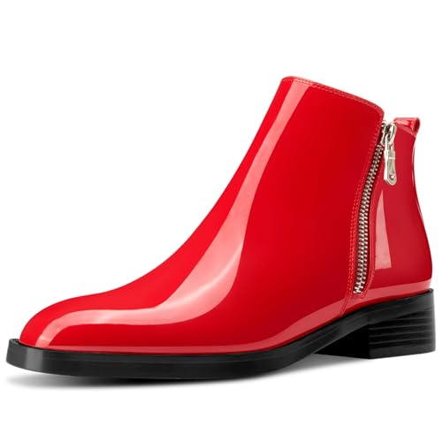 Saekcted Damen Chunky Blockabsatz Niedrige Absatz Heel Eckige Zehenkappe Stiefeletten Slip-on Reißverschluss Büroschuhe Klassisch Stiefel Rot 41 EU von Saekcted