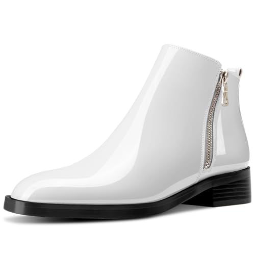 Saekcted Damen Chunky Blockabsatz Niedrige Absatz Heel Eckige Zehenkappe Stiefeletten Slip-on Reißverschluss Büroschuhe Klassisch Stiefel Weiß 40 EU von Saekcted