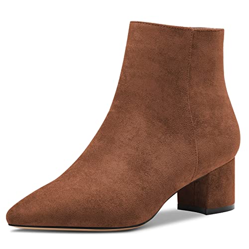 Saekcted Damen Chunky Blockabsatz Niedrige Absatz Heel Geschlossene Spitze Zehenkappe Stiefeletten Reißverschluss Büroschuhe Klassisch Schuhe Braun Wildleder 42 EU von Saekcted